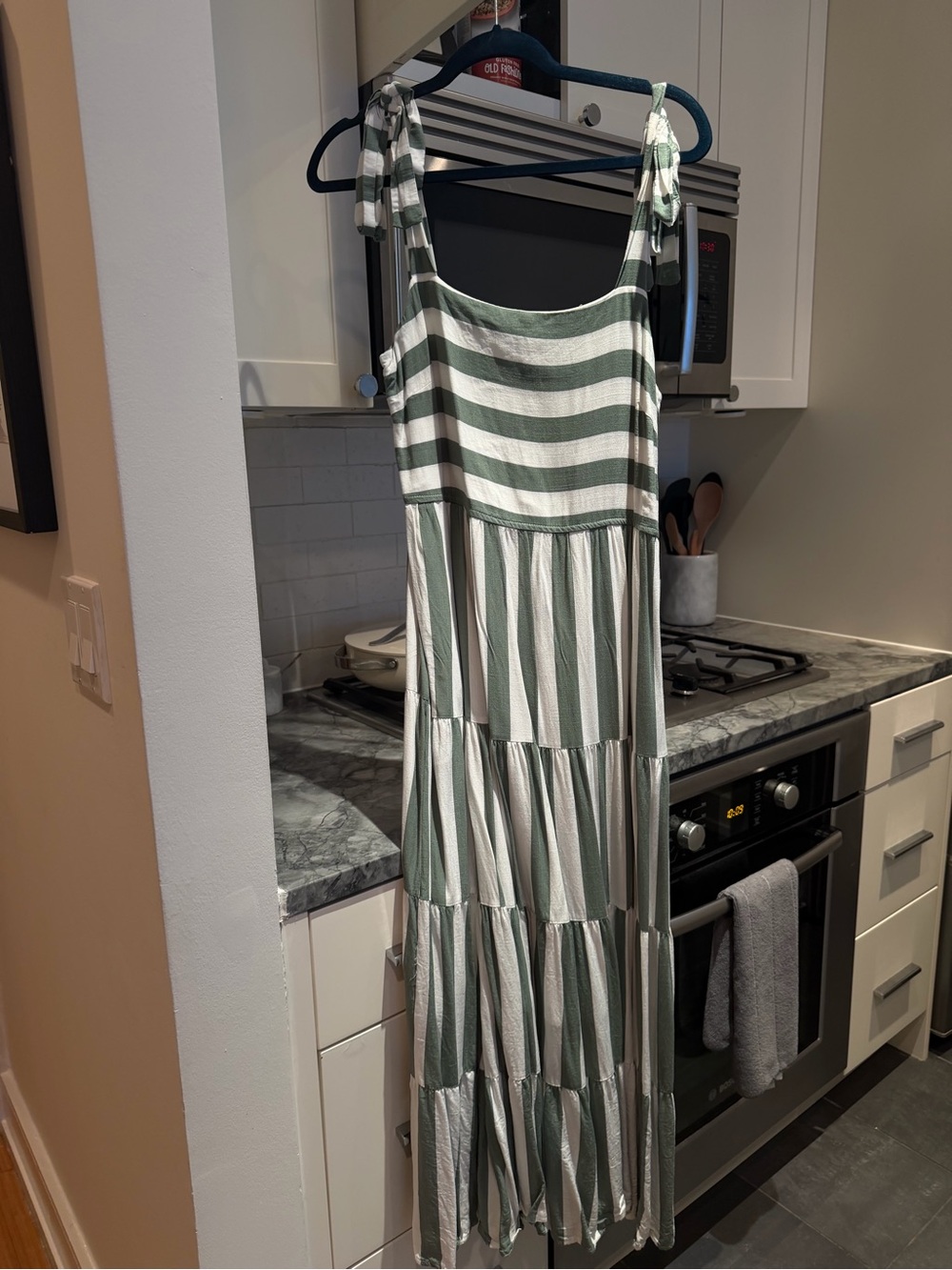 Striped Tie-Shoulder Maxi Dress in Green and White